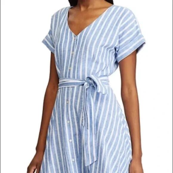Chaps Blue & White Stripped Midi Shirt Dress Linen Blend Belted Full Circle L - Picture 3 of 11